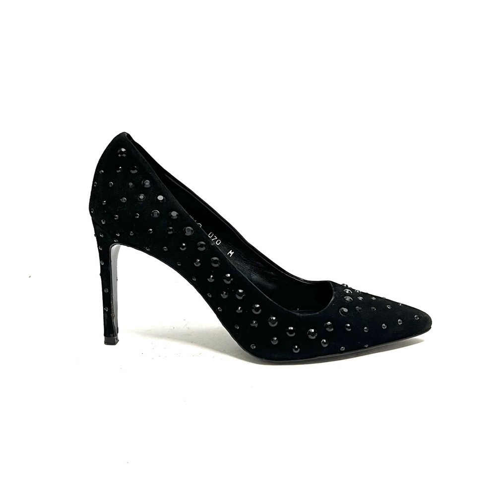 Vintage Y2K black suede faceted rhinestone pointed toe stiletto heels